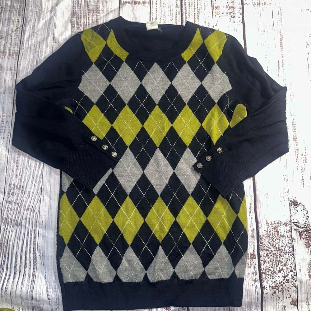 Vintage Wool J Crew Navy Blue Argyle Sweater Women's M